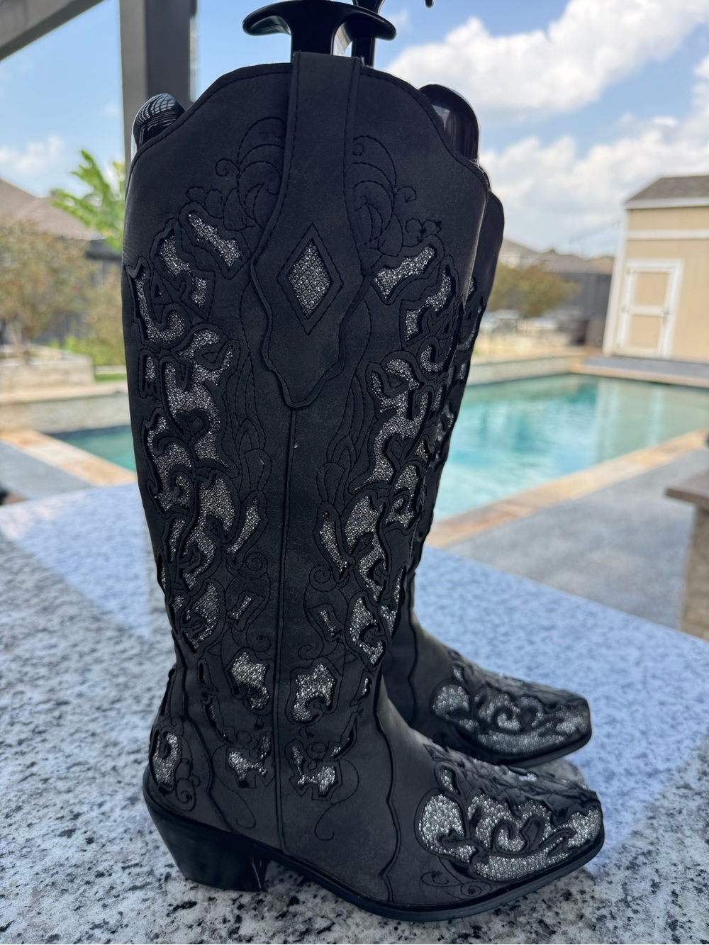 Black Glitter Lace-Up Western Boots for Women - Embroidered Lace-Up Style